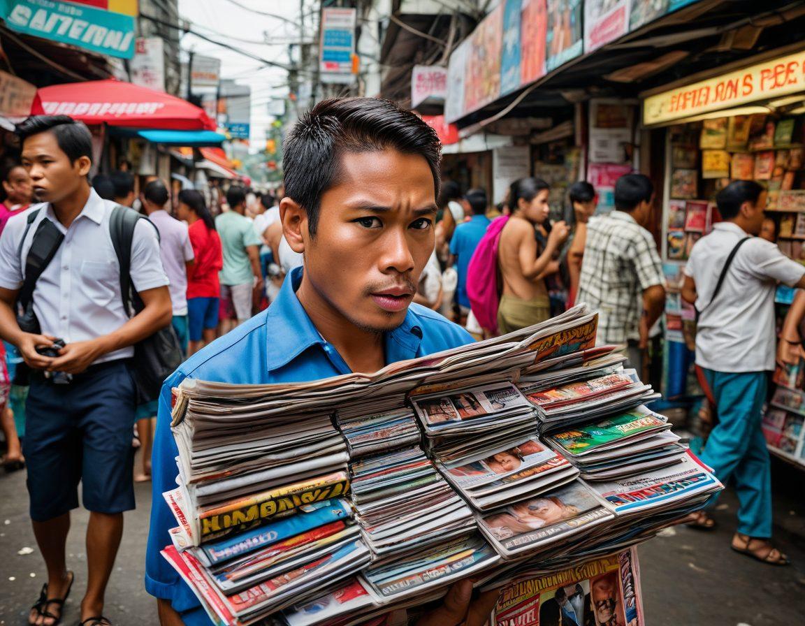 A lively Filipino street scene with a colorful newsstand overflowing with scandalous tabloids, complete with dramatic headlines. Celebrities caught in the mix, with exaggerated expressions of surprise or dismay. Paparazzi hiding in the background, cameras flashing. super-realistic. vibrant colors. bustling atmosphere.
