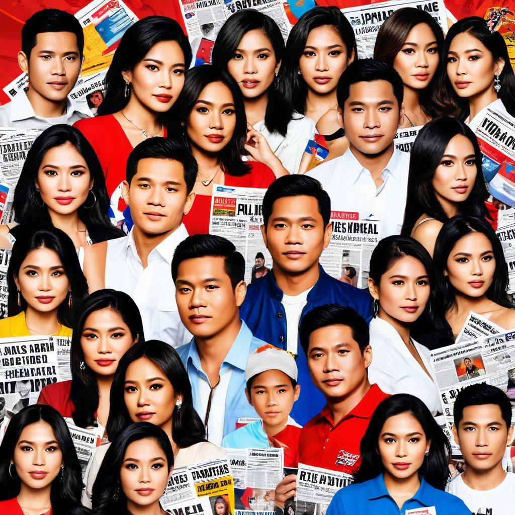 A vibrant collage featuring Filipino celebrities involved in recent scandals, surrounded by tabloids, social media icons, and a buzzing crowd of paparazzi. Elements of intrigue like hidden cameras, sensational headlines, and speech bubbles with rumors amplify the drama. Ensure the Philippine flag subtly blends into the background. Digital art. Vibrant colors.