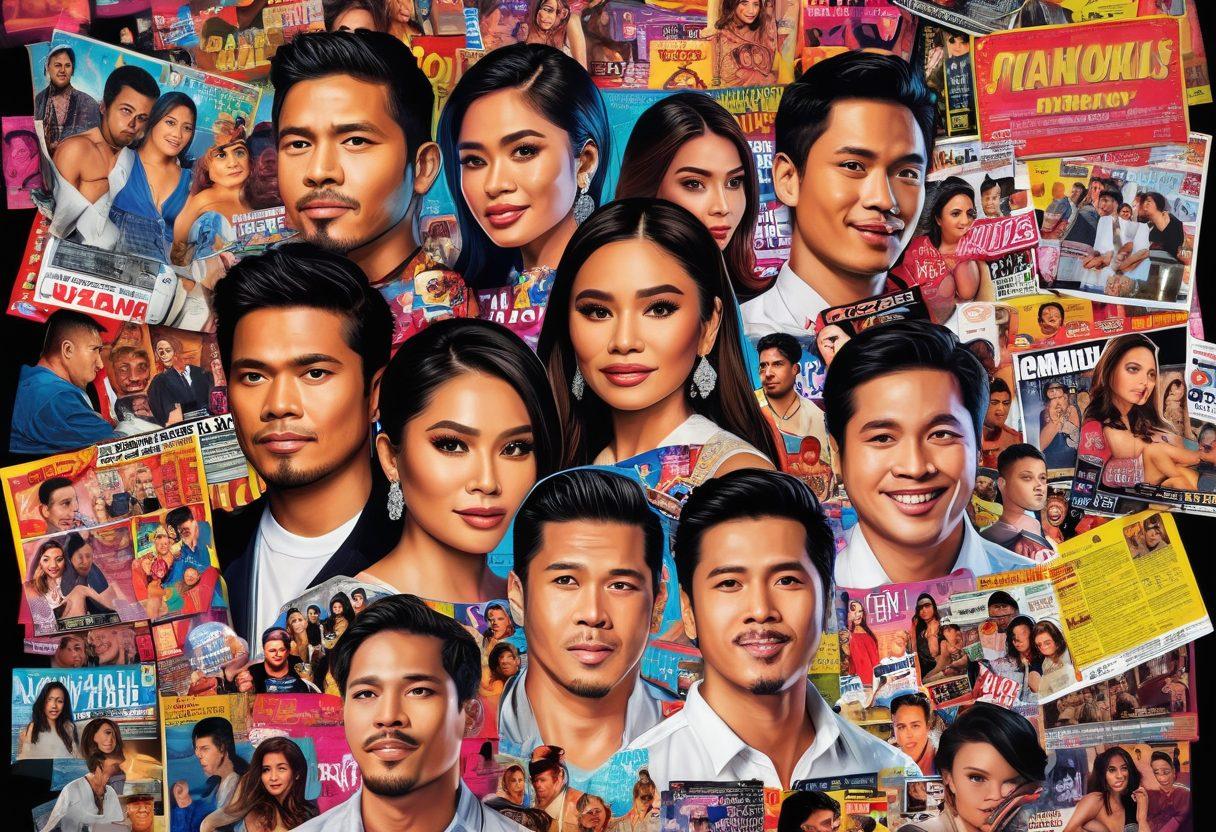 A dynamic collage featuring tabloids and social media icons showcasing sensational headlines about Filipino and Pinay celebrities, with provocative images hinting at viral videos and scandalous moments, all set against a vibrant Manila nightlife background with neon lights. vector art. vibrant colors. energetic.